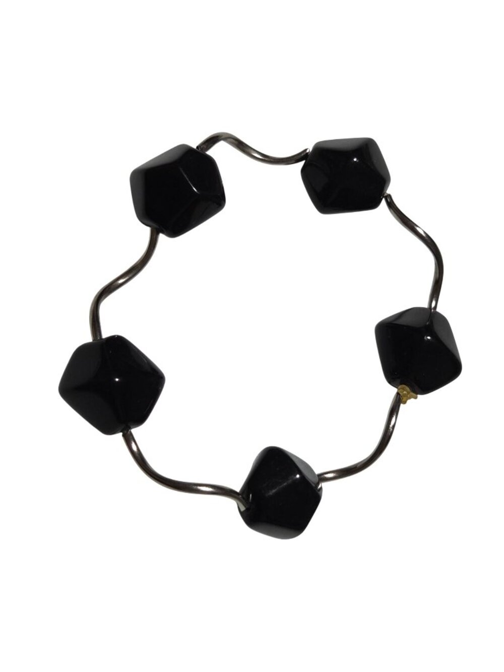 Retro Black Geometric Beaded Bracelet Wavy Silver Wire Design Stretch Art Deco